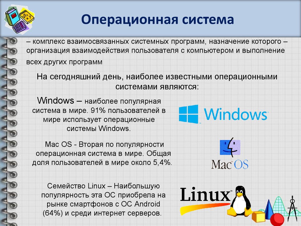 Виды операционных. Операционная система это комплекс программ Назначение которого.