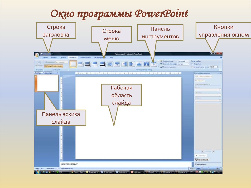 Элементы интерфейса powerpoint. Структура окна повер поинт. Основные элементы окна программы повер поинт. Окно программы повер поинт. Структура окна POWERPOINT 2007..