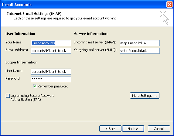 Тип аккаунта pop3. Fluent SMTP. Outlook 2003. «IMAP»что за пароль. Incoming mail.