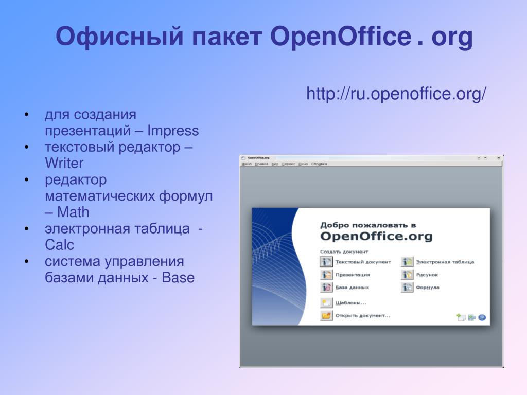 Офисных программ являются российскими. Компоненты офисного пакета OPENOFFICE.org. OPENOFFICE редактор презентаций. OPENOFFICE текстовый редактор. Система управления базами данных OPENOFFICE.