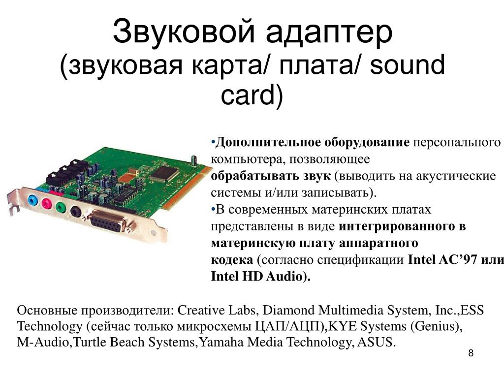 Звуковая карта информация. Модель звукового адаптера. Звуковая карта- звуковой адаптер. Звуковая карта на мат плате. Интегрированная звуковая карта на материнской плате.