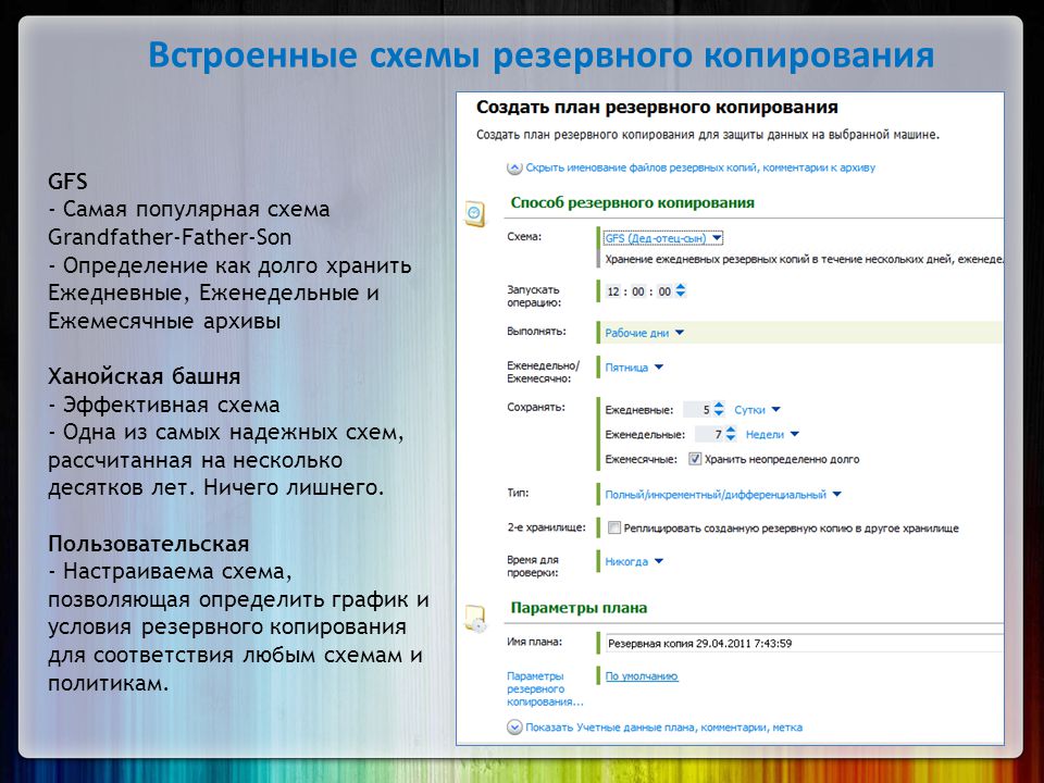 Из каких разделов состоит план резервного копирования