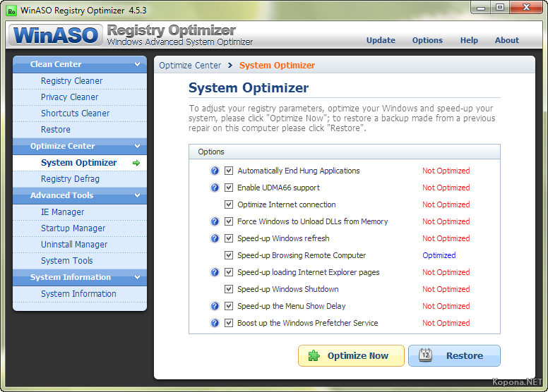 Оптимизатор 5. WINASO Registry Optimizer 5.7.0. WINASO 5,5 KLYC.