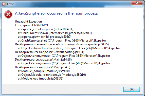 Ошибка при запуске скайпа. JAVASCRIPT Error. JAVASCRIPT Error occurred in the main process Skype. Javascript error как исправить