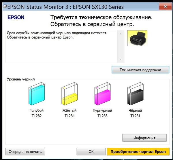 Срок службы впитывающей чернила подкладки принтера заканчивается