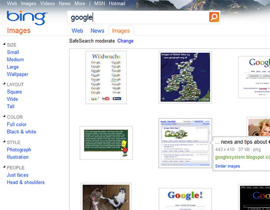 Интерфейс поиска изображений Bing