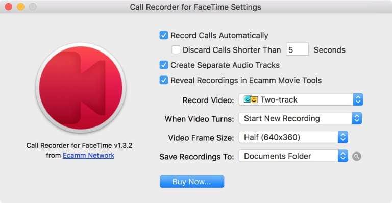 Настройки программы Call Recorder for Face Time.