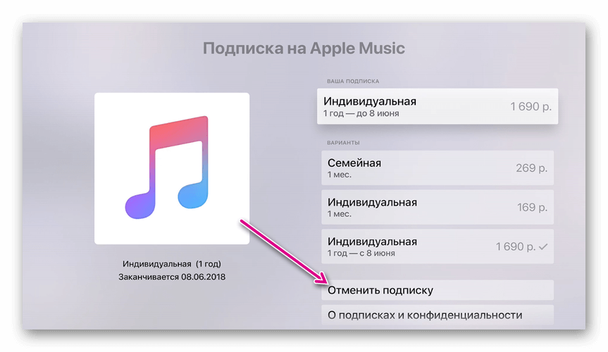 отмена подписки apple music на appletv