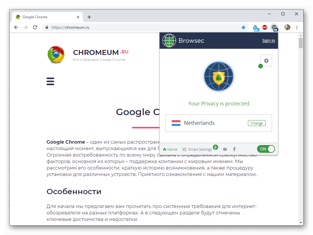 Общий вид Browsec VPN