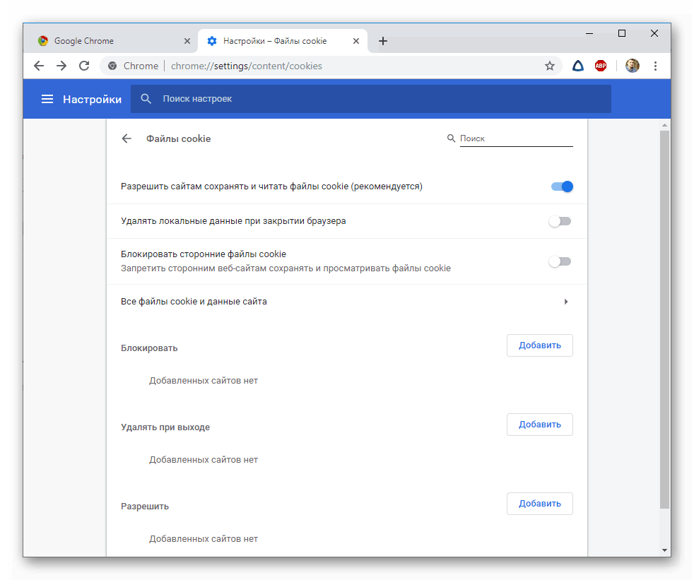 Список настроек для файлов cookie в браузере Google Chrome
