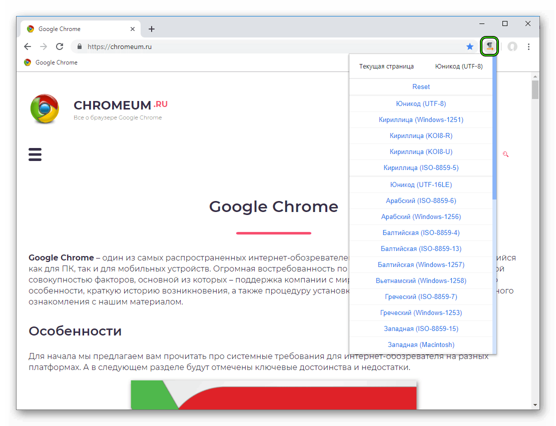 Настройка расширения Charset для Google Chrome