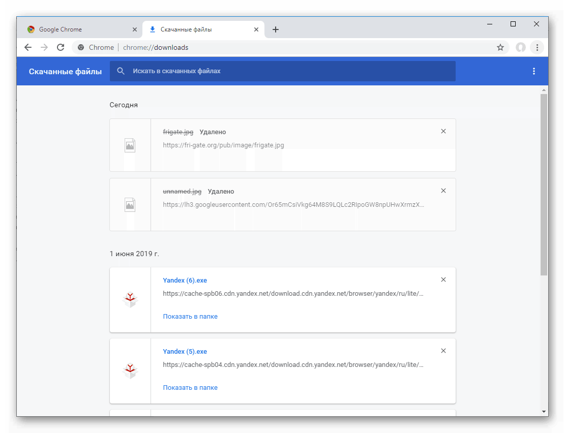 Содержимое страницы chrome-downloads в браузере Google Chrome