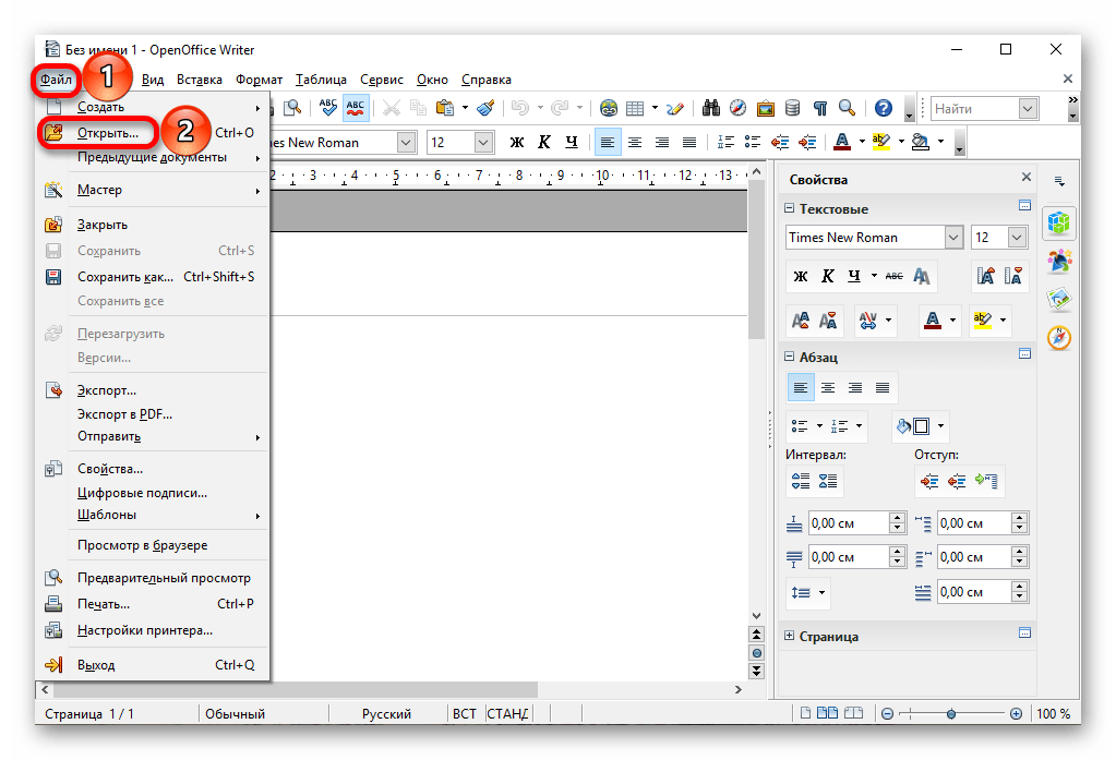 Кнопка Файл и вкладка Открыть