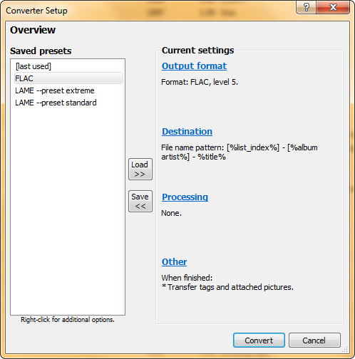 Пресет для FLAC в настройках конвертера foobar2000