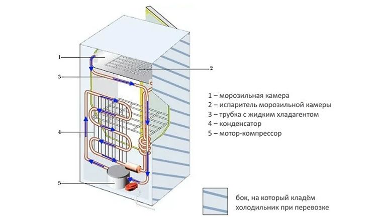 Схема устройства и рекомендации для правильной перевозки холодильника на боку