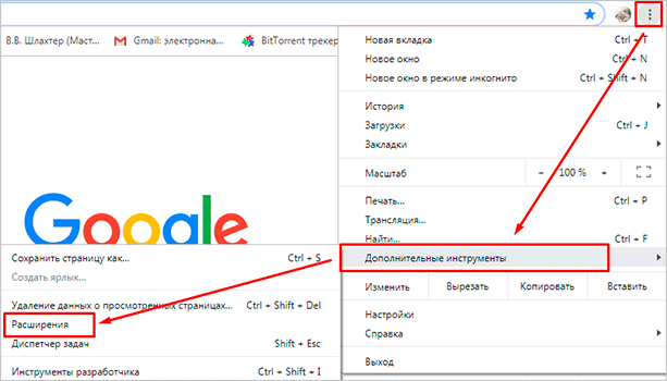 Меню в Google Chrome