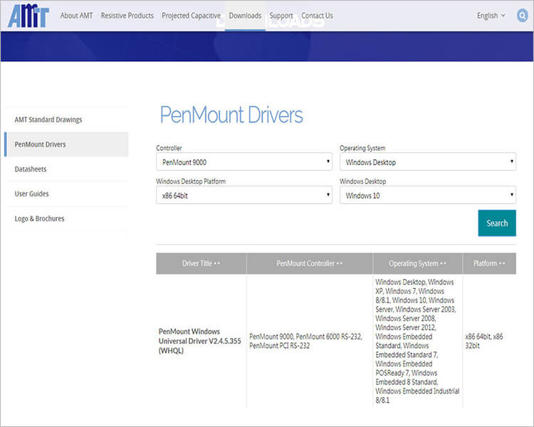Раздел «Downloads» на сайте производителя контроллеров AMT PenMount