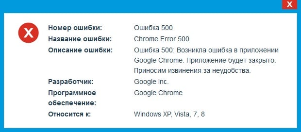 Окно браузера Google Chrome Error 500