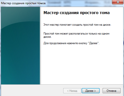 Окно «Мастер создания простого тома»