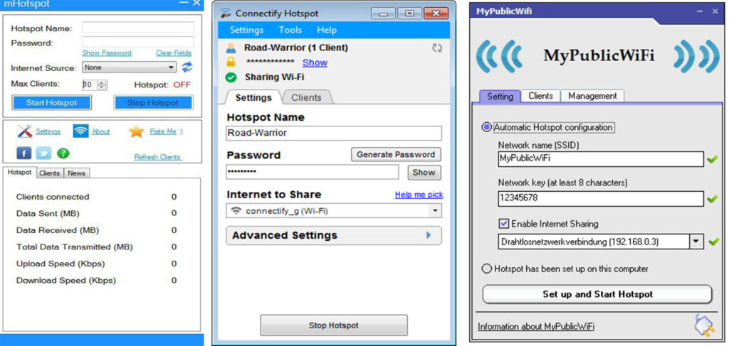 mHotspot, Connectify, MyPublicWiFi﻿
