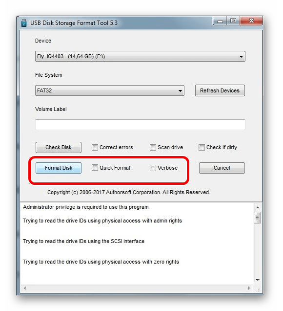 опции HP USB Disk Storage Format Tool
