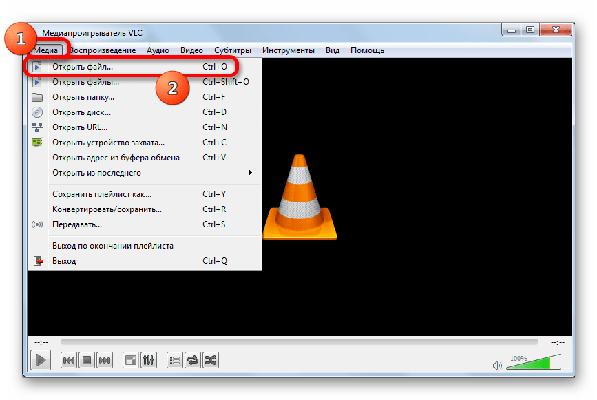 Переход в окно открытия файла в программе VLC Media Player
