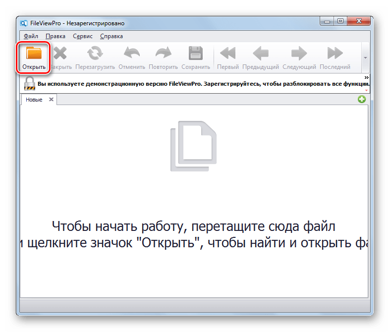Переход в окно открытия файла через иконку на панели инструментов в программе FileViewPro