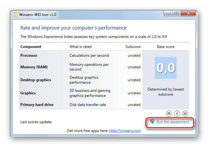 Запуск первой оценки индекса производительности в окне программы Winaero WEI tool в Windows 7