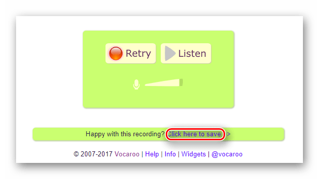 Кнопка сохранения готовой аудиозаписи на сайте Vocaroo