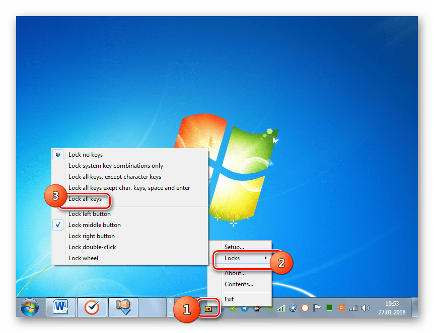 Отключение клавиатуры через контекстное меню с помощью нажатие на значок в системном трее в программе Kid Key Lock в Windows 7