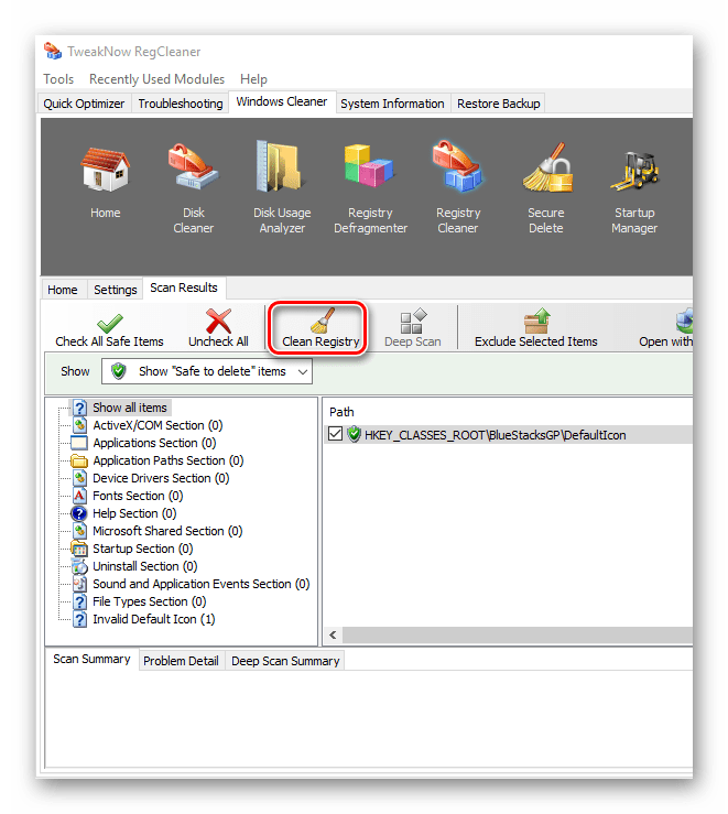 Чистка реестра в TweakNow RegCleaner