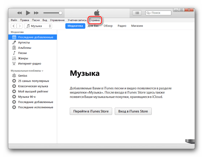 Кнопка Справка в iTunes