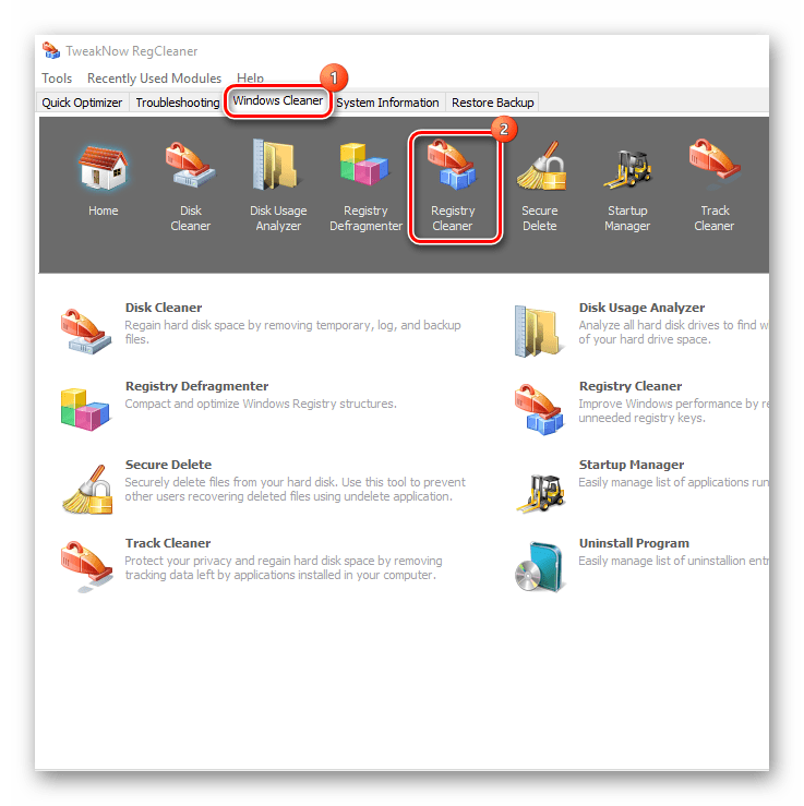 Переход к сканированию реестра TweakNow RegCleaner