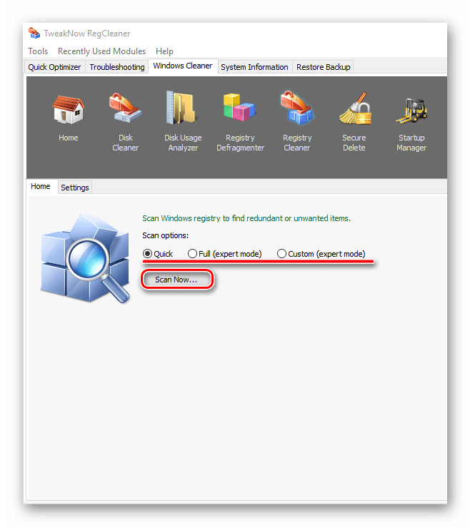 Выбор режима сканирования в TweakNow RegCleaner