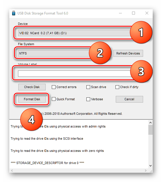 Меню программы USB Disc Storage Format Tool