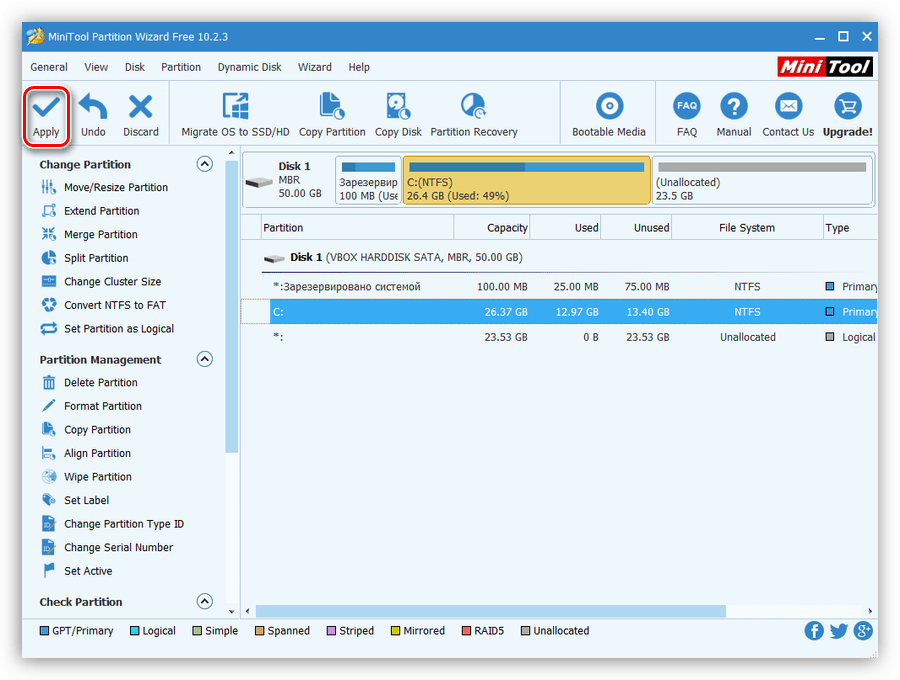 Применение операции по созданию раздела на жестком диске в программе Minitool Partition Wizard