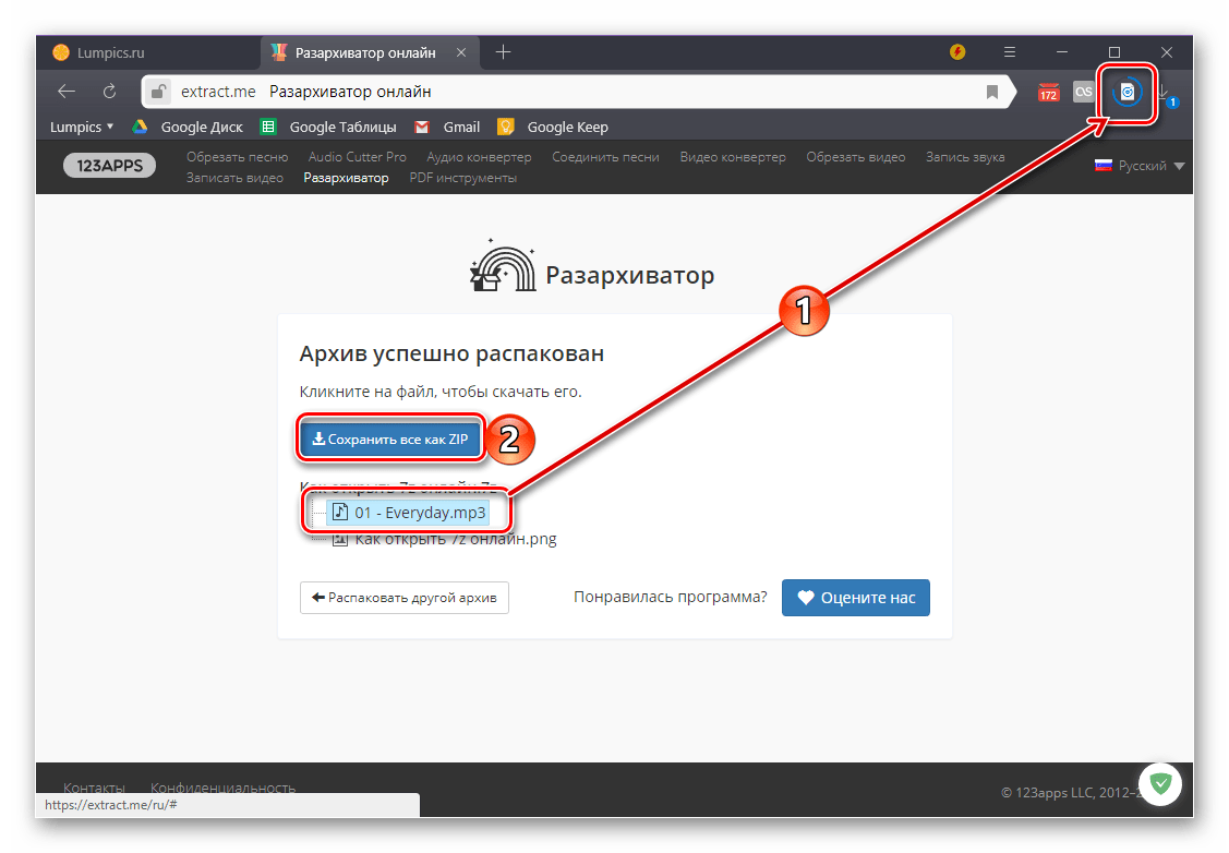 Скачивание файлов из архива 7z с сайта онлайн-сервиса Разархиватор