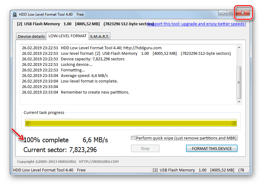 Процедура низкоуровневого форматирования флешки завершена в окне утилиты HDD Low Level Format Tool
