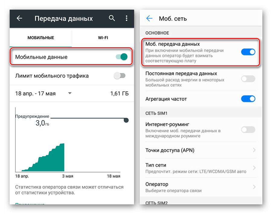 Варианты включения мобильной передачи данных на Android