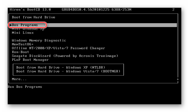 Переход в раздел DOS-программами в Hiren