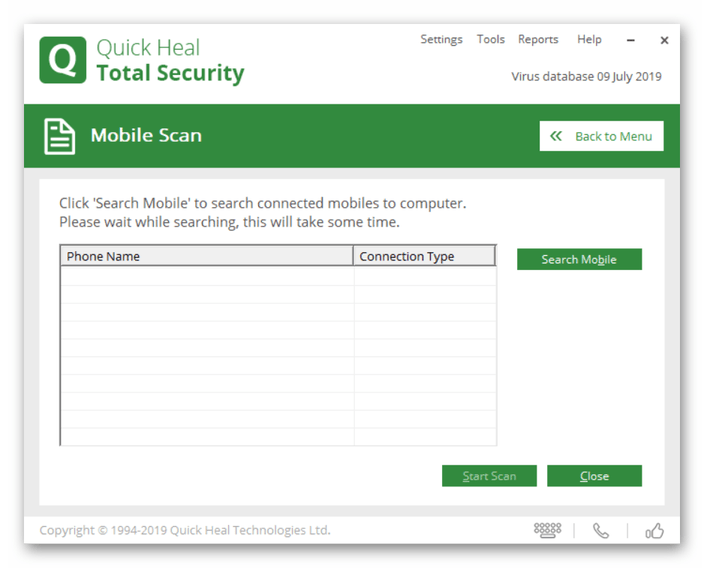 Quick Heal Total Security подключение Android-устройства к ПК для сканирования на вирусы