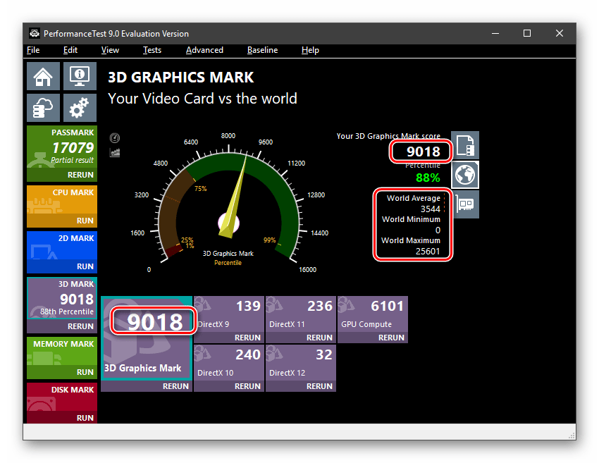 Результаты тестирования производительности видеокарты в 3D в программе Passmark Performance Test