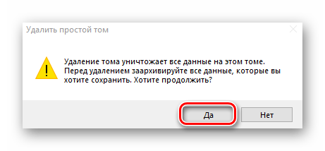 Окно с предупреждением перед удалением тома в Windows 10