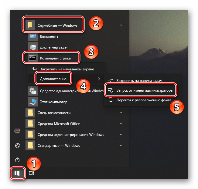 Запуск Командной строки от имени администратора через меню Пуск в Windows 10