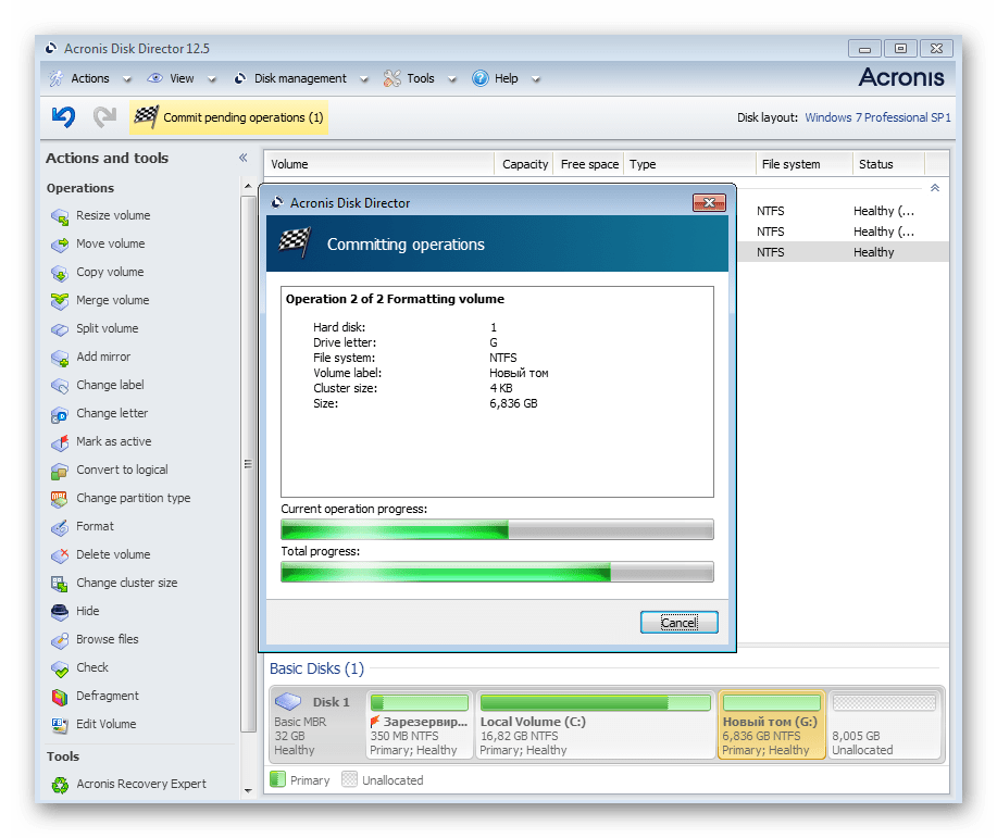 Процесс форматирования диска в Windows 7 через Acronis Disk Director