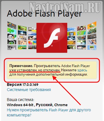Проигрыватель Adobe Flash Player уже установлен, но отключен