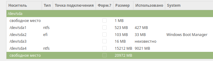 Список разделов при установке Linux рядом с Windows