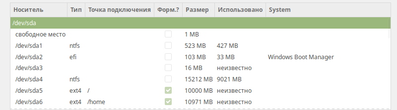 Список разделов Linux и Windows