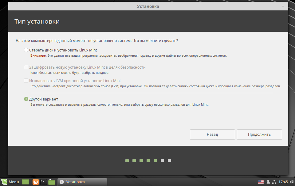 Ручная разметка диска при установке Linux Mint