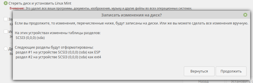 LinuxMint установка: UEFI список разделов диска